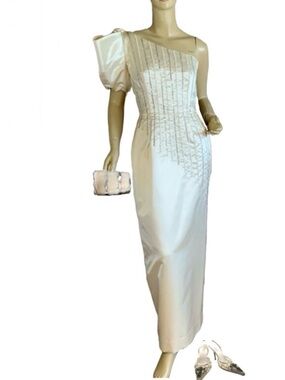 VINTAGE 1980'S HAND CRAFTED CREAM RHINESTONE SATIN SINGLE SHOULDER DRESS (S)
